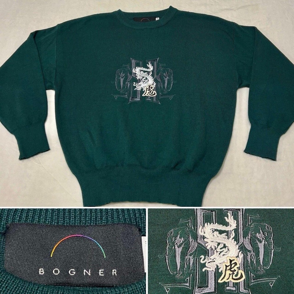 Bogner Y2K Dragon Embroidered Sweater Mens M Forest Green Fine Knit Vintage NWOT